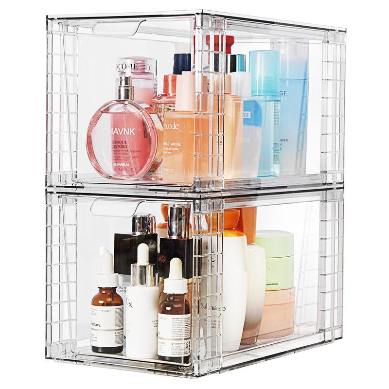 Vtopmart Transparent Stackable Drawer Organizer with Handles for Bathroom Kitchen Pantry under Sink Cabinet Closet Makeup Multifunctional Storage Solution 5-10Kg Capacity, 3-Tier Metal Rolling Cart with Wheels Pink