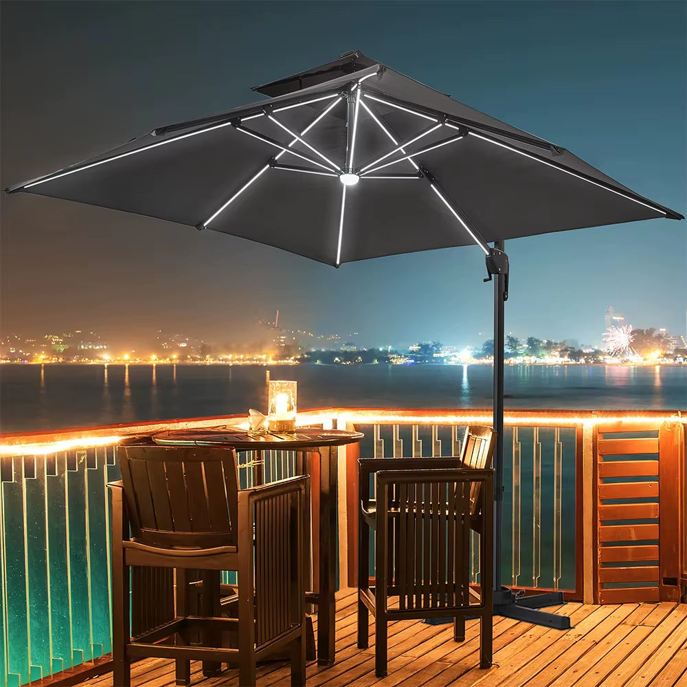 3M Dark Grey Garden LED Light Parasol Outdoor Umbrella with Cross Base