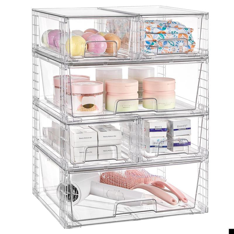Vtopmart Transparent Stackable Drawer Organizer with Handles for Bathroom Kitchen Pantry under Sink Cabinet Closet Makeup Multifunctional Storage Solution 5-10Kg Capacity, 3-Tier Metal Rolling Cart with Wheels Pink