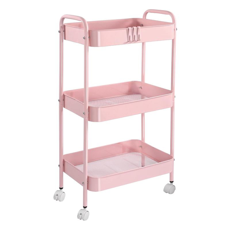 Vtopmart Transparent Stackable Drawer Organizer with Handles for Bathroom Kitchen Pantry under Sink Cabinet Closet Makeup Multifunctional Storage Solution 5-10Kg Capacity, 3-Tier Metal Rolling Cart with Wheels Pink