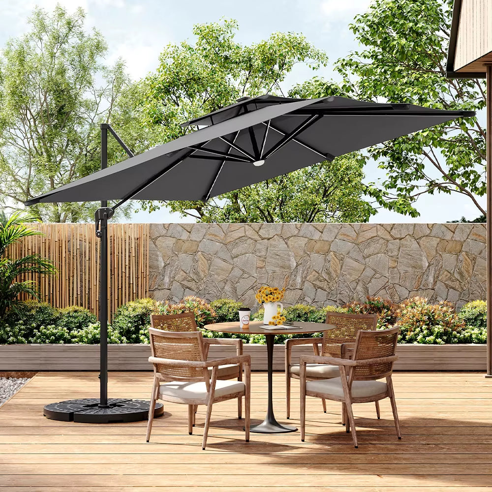 3M Dark Grey Garden LED Light Parasol Outdoor Umbrella with Cross Base