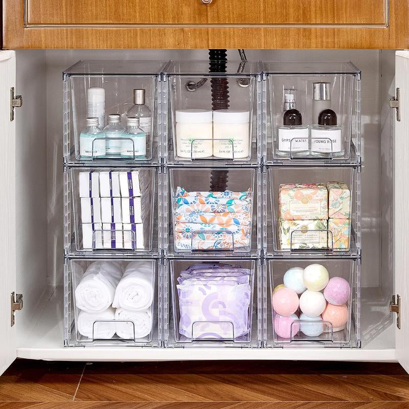 Vtopmart Transparent Stackable Drawer Organizer with Handles for Bathroom Kitchen Pantry under Sink Cabinet Closet Makeup Multifunctional Storage Solution 5-10Kg Capacity, 3-Tier Metal Rolling Cart with Wheels Pink
