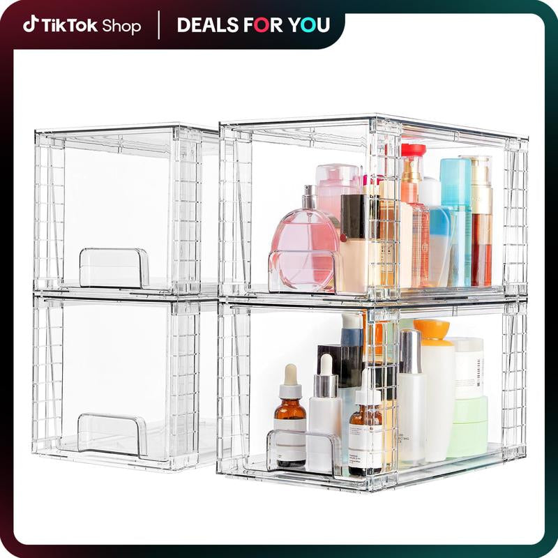 Vtopmart Transparent Stackable Drawer Organizer with Handles for Bathroom Kitchen Pantry under Sink Cabinet Closet Makeup Multifunctional Storage Solution 5-10Kg Capacity, 3-Tier Metal Rolling Cart with Wheels Pink