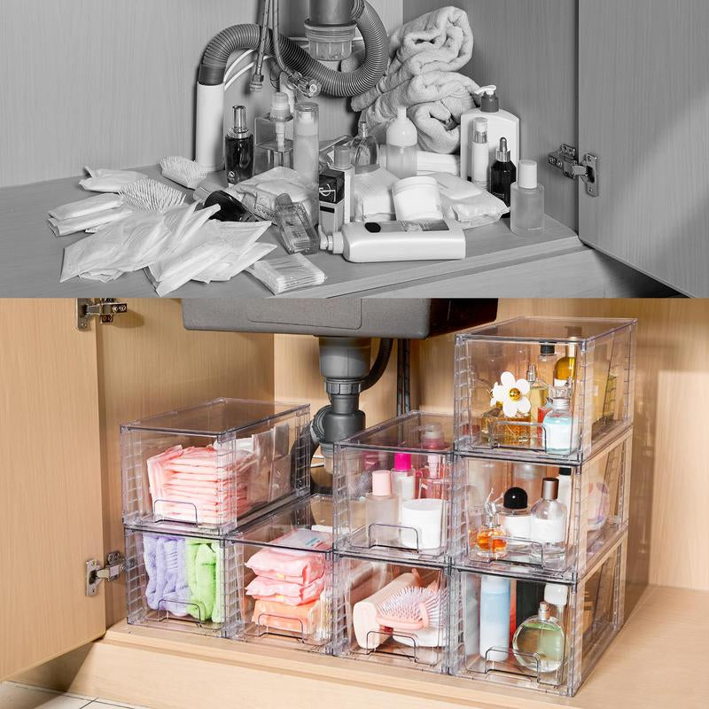 Vtopmart Transparent Stackable Drawer Organizer with Handles for Bathroom Kitchen Pantry under Sink Cabinet Closet Makeup Multifunctional Storage Solution 5-10Kg Capacity, 3-Tier Metal Rolling Cart with Wheels Pink