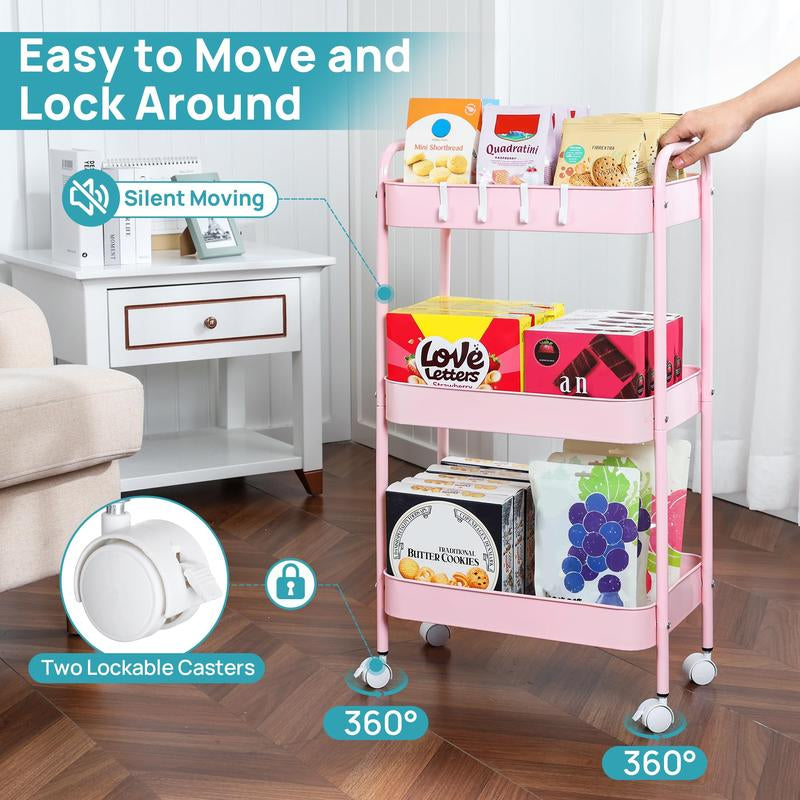 Vtopmart Transparent Stackable Drawer Organizer with Handles for Bathroom Kitchen Pantry under Sink Cabinet Closet Makeup Multifunctional Storage Solution 5-10Kg Capacity, 3-Tier Metal Rolling Cart with Wheels Pink
