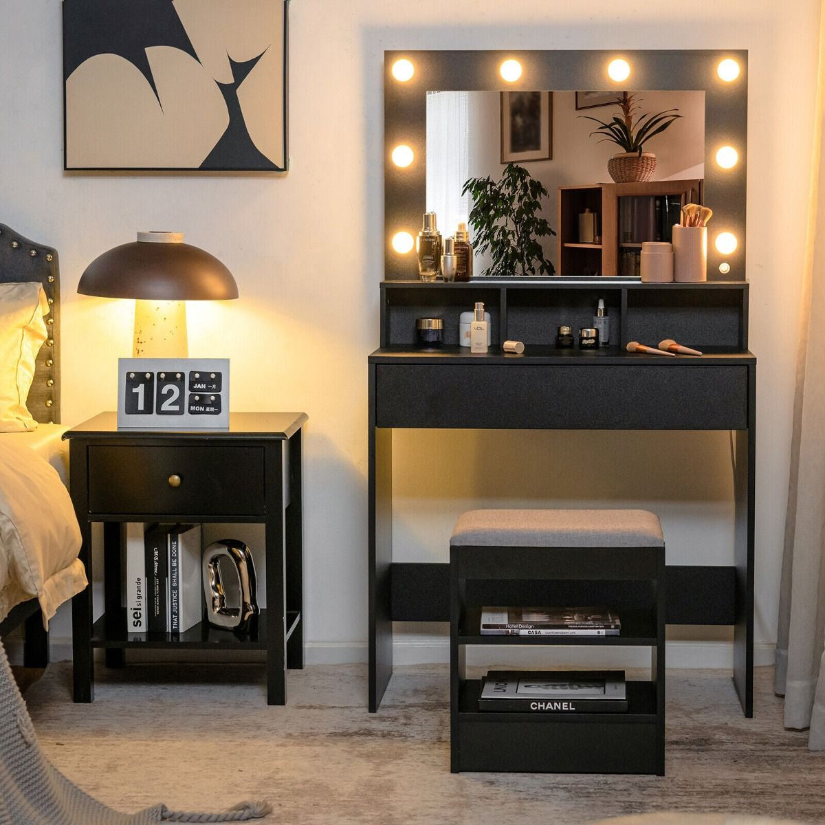 Vanity Set with LED Lighted Mirror Modern Dressing Makeup Vanity Table with Large Drawer