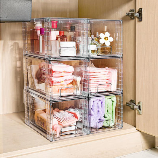 Vtopmart Transparent Stackable Drawer Organizer with Handles for Bathroom Kitchen Pantry under Sink Cabinet Closet Makeup Multifunctional Storage Solution 5-10Kg Capacity, 3-Tier Metal Rolling Cart with Wheels Pink