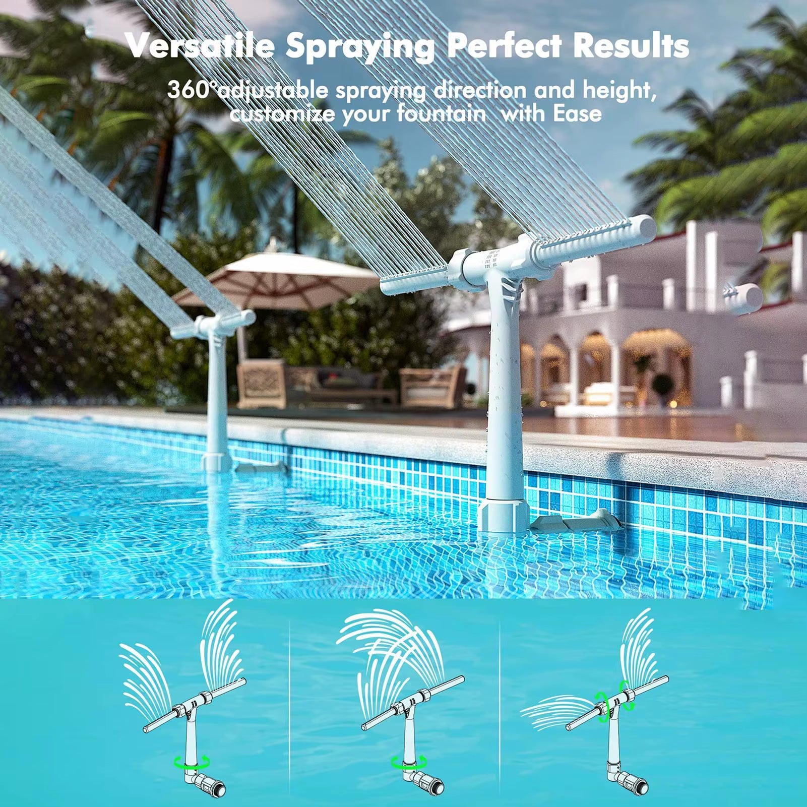 Waterfall Swimming Pool Fountain with Double Spray Adjustable Cooling Sprinkler for Inground Pools Water Sports Accessories