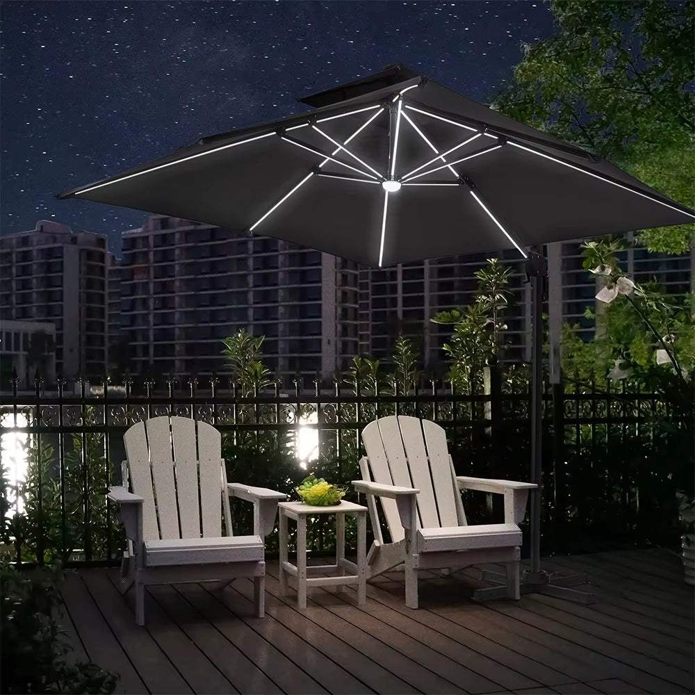 3M Dark Grey Garden LED Light Parasol Outdoor Umbrella with Cross Base