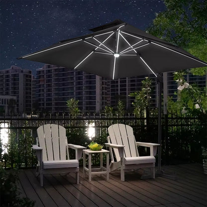 3M Dark Grey Garden LED Light Parasol Outdoor Umbrella with Cross Base