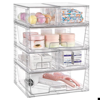 Vtopmart Transparent Stackable Drawer Organizer with Handles for Bathroom Kitchen Pantry under Sink Cabinet Closet Makeup Multifunctional Storage Solution 5-10Kg Capacity, 3-Tier Metal Rolling Cart with Wheels Pink