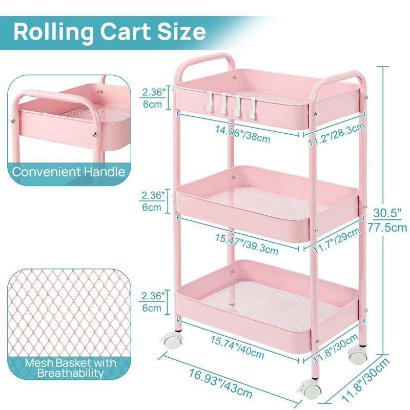 Vtopmart Transparent Stackable Drawer Organizer with Handles for Bathroom Kitchen Pantry under Sink Cabinet Closet Makeup Multifunctional Storage Solution 5-10Kg Capacity, 3-Tier Metal Rolling Cart with Wheels Pink