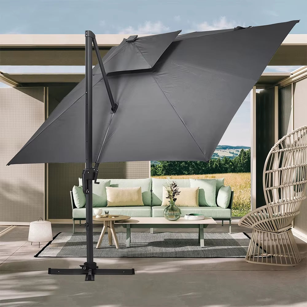 3M Dark Grey Garden LED Light Parasol Outdoor Umbrella with Cross Base