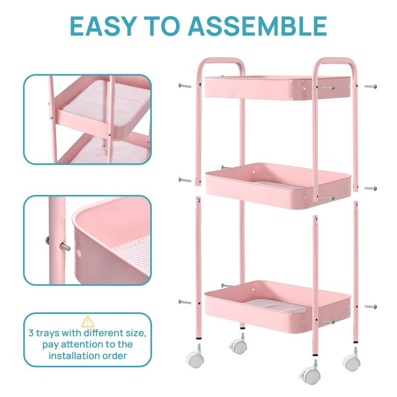 Vtopmart Transparent Stackable Drawer Organizer with Handles for Bathroom Kitchen Pantry under Sink Cabinet Closet Makeup Multifunctional Storage Solution 5-10Kg Capacity, 3-Tier Metal Rolling Cart with Wheels Pink