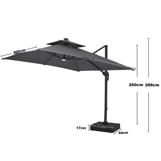 3M Dark Grey Garden LED Light Parasol Outdoor Umbrella with Cross Base