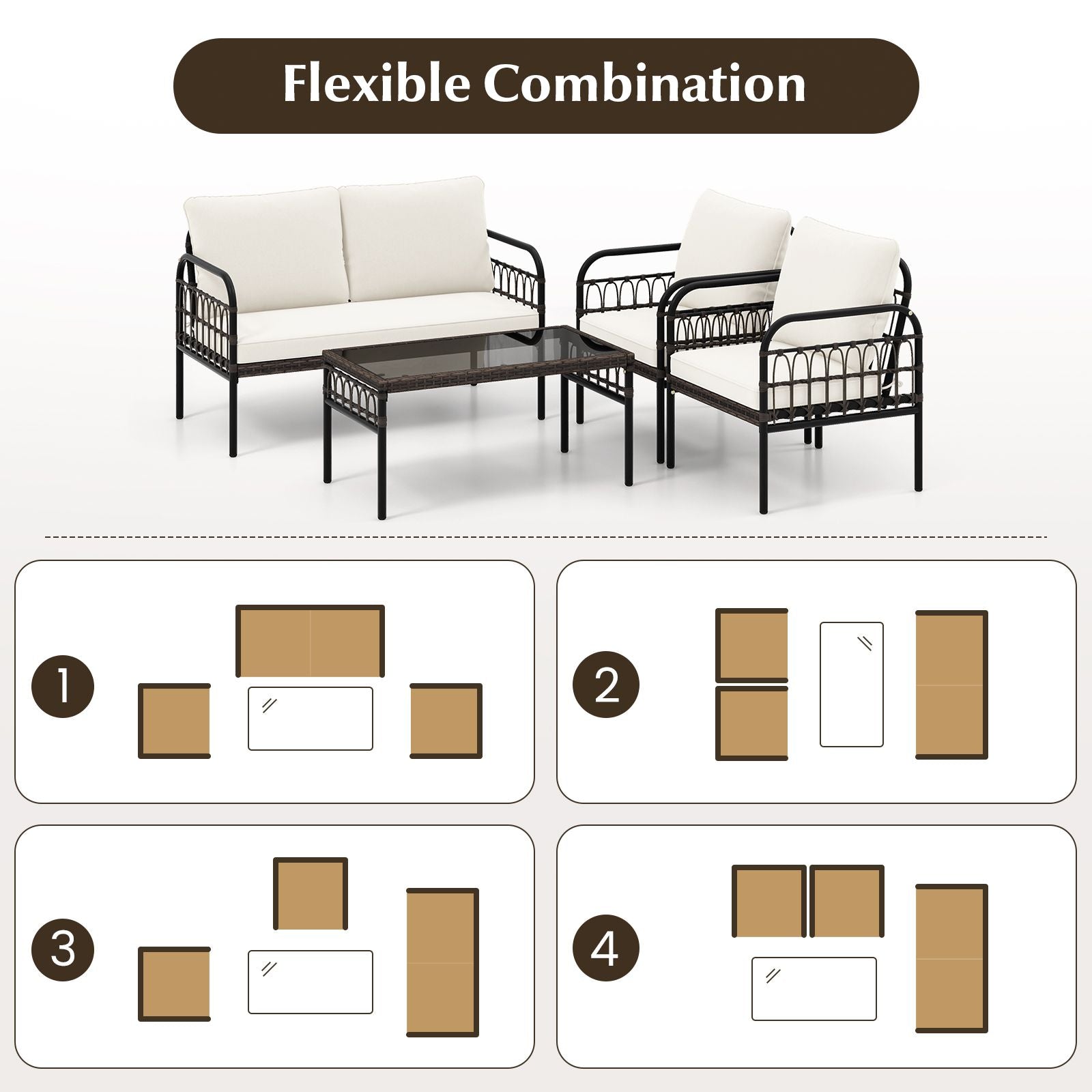 4 Pieces Patio Furniture Set with Soft Cushions